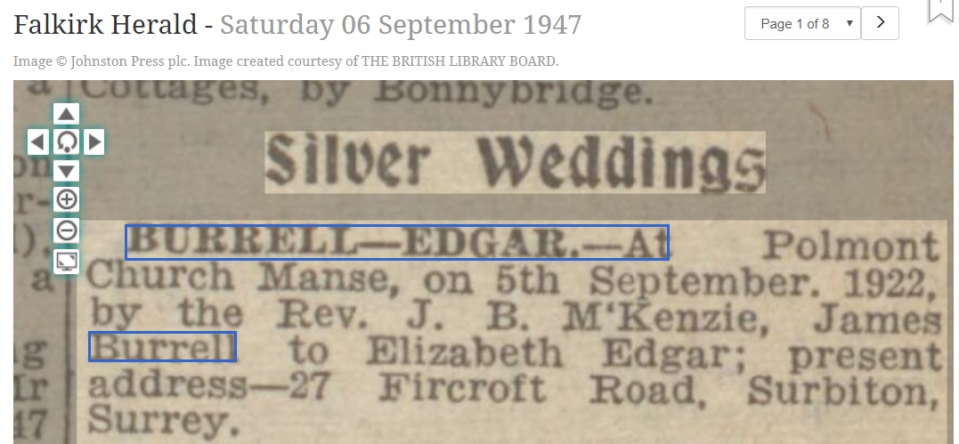 James Burrell Elizabeth Edgar 1947 Silver Wedding, September 6, 1947, Linked To: <a href='profiles/i1252.html' >Elizabeth Storie Edgar</a> and <a href='profiles/i472.html' >James Burrell</a>